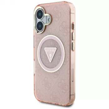Guess IML Metal Glitter 4G Circle Triangle Capa MagSafe para iPhone 16 (Rosa)