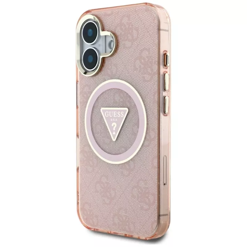 Guess IML Metal Glitter 4G Circle Triangle Capa MagSafe para iPhone 16 (Rosa)
