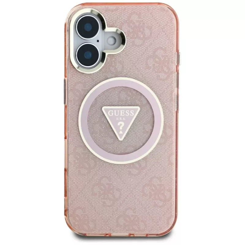 Guess IML Metal Glitter 4G Circle Triangle Capa MagSafe para iPhone 16 (Rosa)
