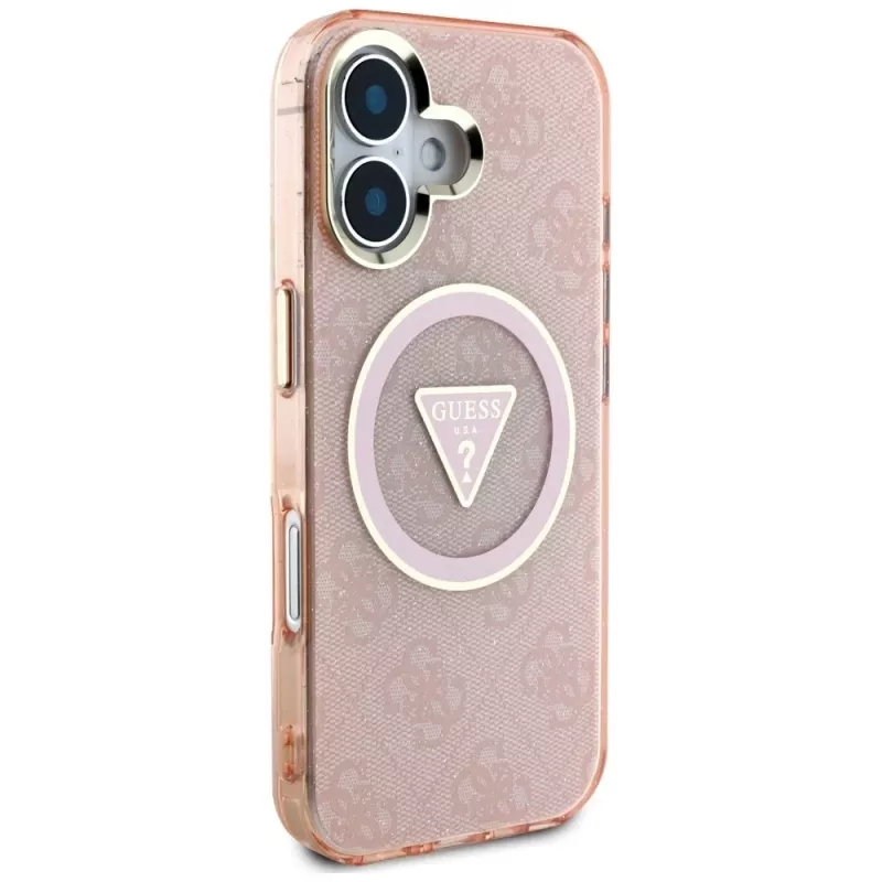 Guess IML Metal Glitter 4G Circle Triangle Capa MagSafe para iPhone 16 (Rosa)