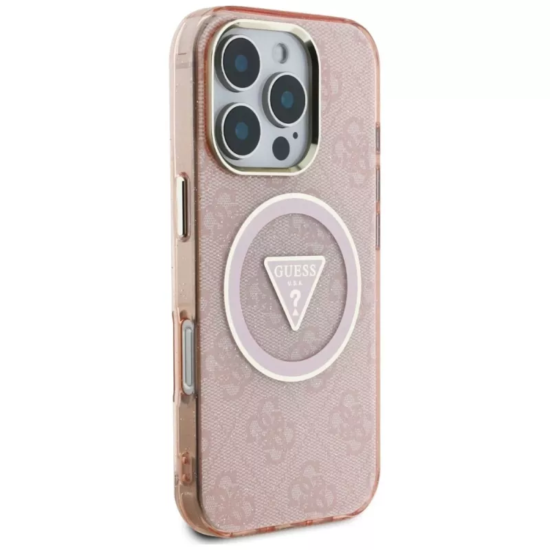 Guess IML Metal Glitter 4G Circle Triangle Capa traseira MagSafe para Apple iPhone 16 Pro (Rosa)