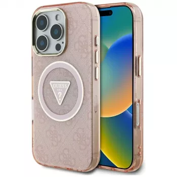 Guess IML Metal Glitter 4G Circle Triangle Capa MagSafe para Apple iPhone 16 Pro Max (Rosa)