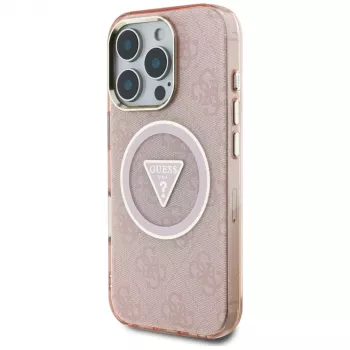 Guess IML Metal Glitter 4G Circle Triangle Capa MagSafe para Apple iPhone 16 Pro Max (Rosa)
