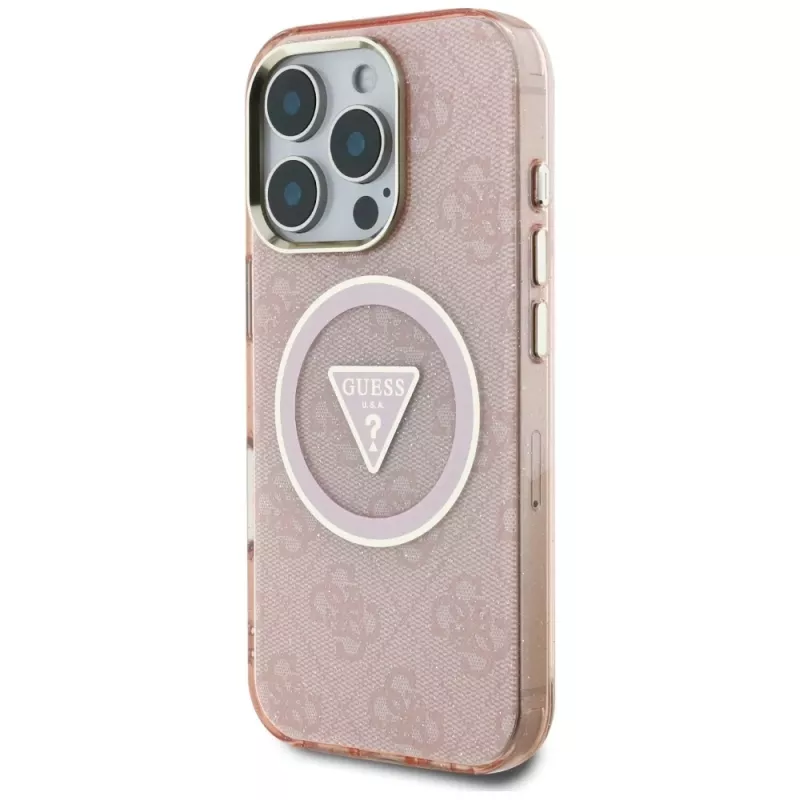 Guess IML Metal Glitter 4G Circle Triangle Capa MagSafe para Apple iPhone 16 Pro Max (Rosa)