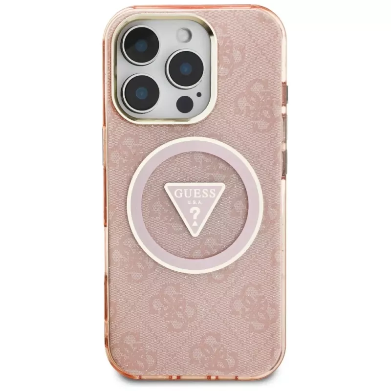Guess IML Metal Glitter 4G Circle Triangle Capa MagSafe para Apple iPhone 16 Pro Max (Rosa)