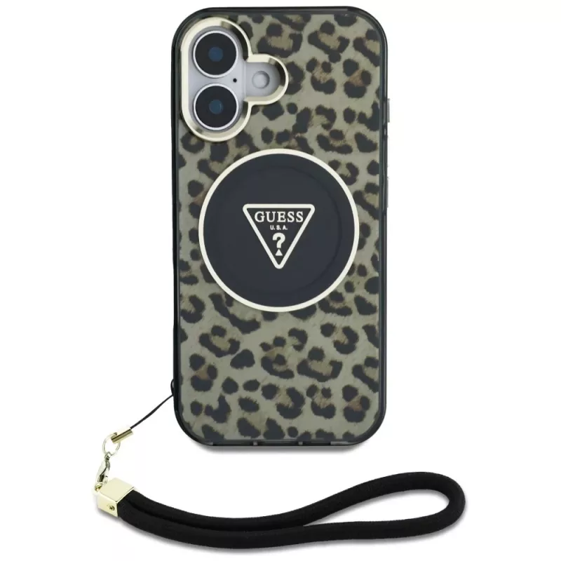 Guess HC IML Leopard Triangle Capa para iPhone 16 com cordão, Castanho, MagSafe