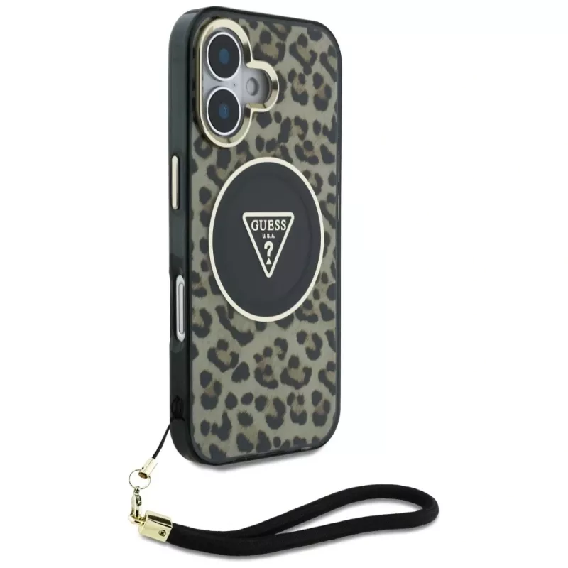 Guess HC IML Leopard Triangle Capa para iPhone 16 com cordão, Castanho, MagSafe