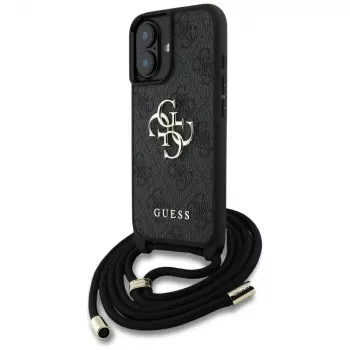 Guess 4G Big Logo Cord Strap Crossbody Capa para iPhone 16, Preto