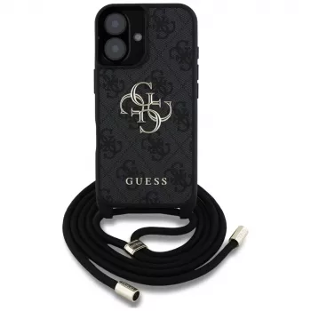 Guess 4G Big Logo Cord Strap Crossbody Capa para iPhone 16, Preto