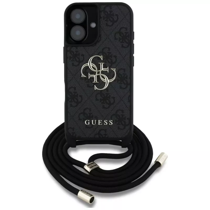 Guess 4G Big Logo Cord Strap Crossbody Capa para iPhone 16, Preto