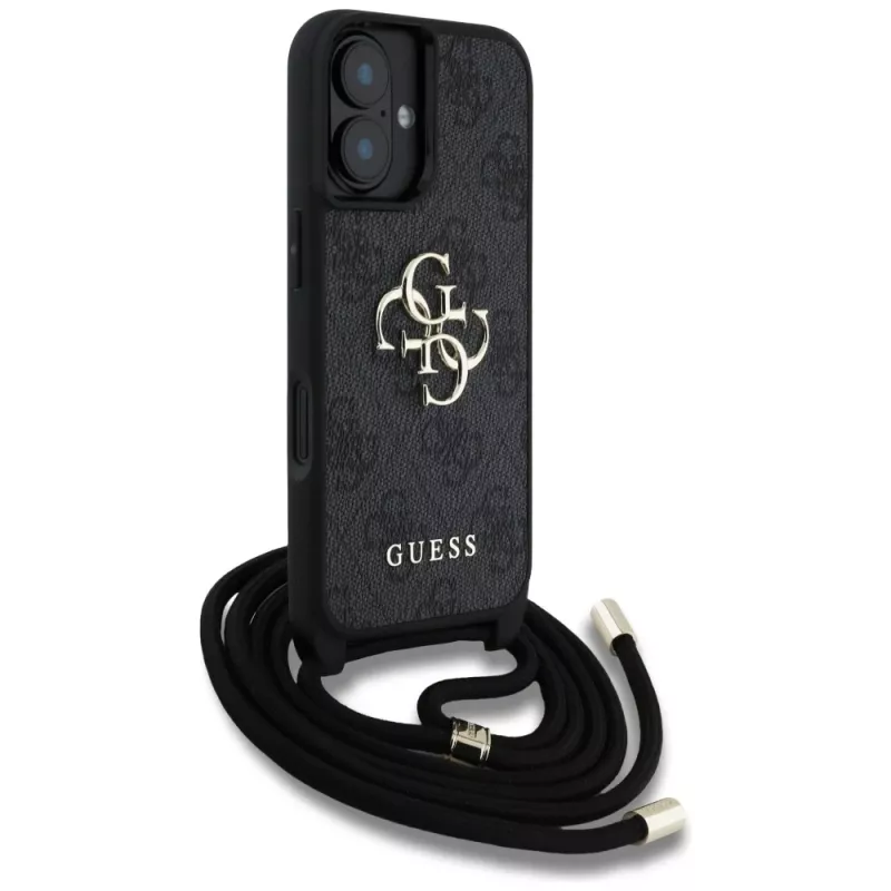 Guess 4G Big Logo Cord Strap Crossbody Capa para iPhone 16, Preto
