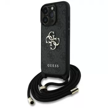 Guess 4G Big Logo Cord Strap Crossbody Capa para iPhone 16 Pro (Preto)
