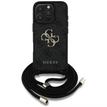 Guess 4G Big Logo Cord Strap Crossbody Capa para iPhone 16 Pro (Preto)