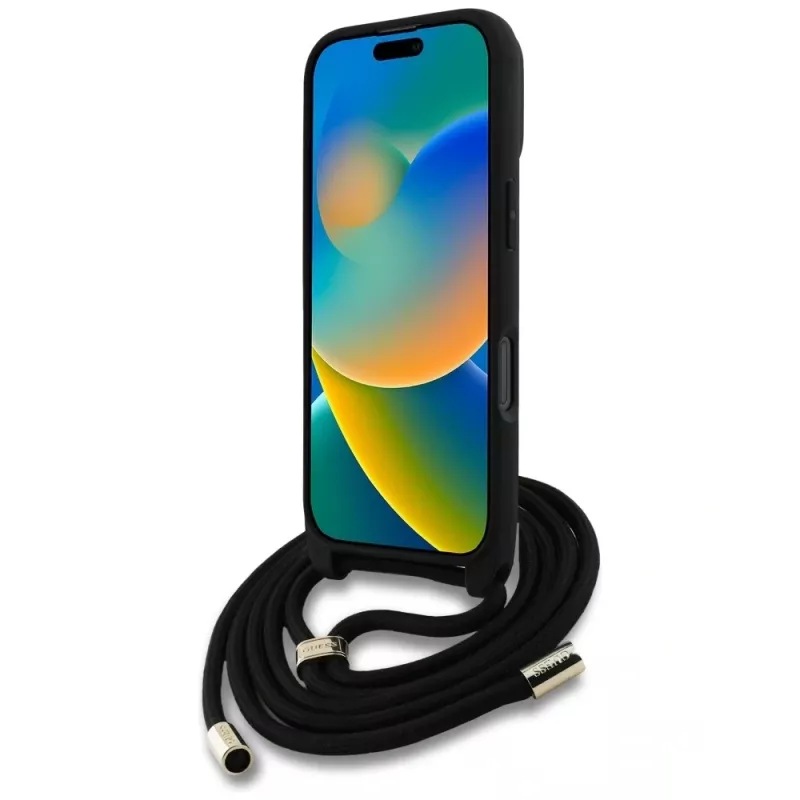 Guess 4G Big Logo Cord Strap Crossbody Capa para iPhone 16 Pro (Preto)