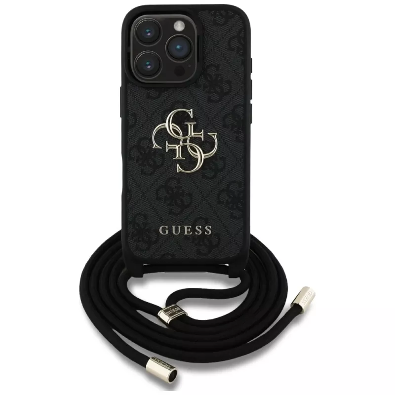 Guess 4G Big Logo Cord Strap Crossbody Capa para iPhone 16 Pro Max - Preto