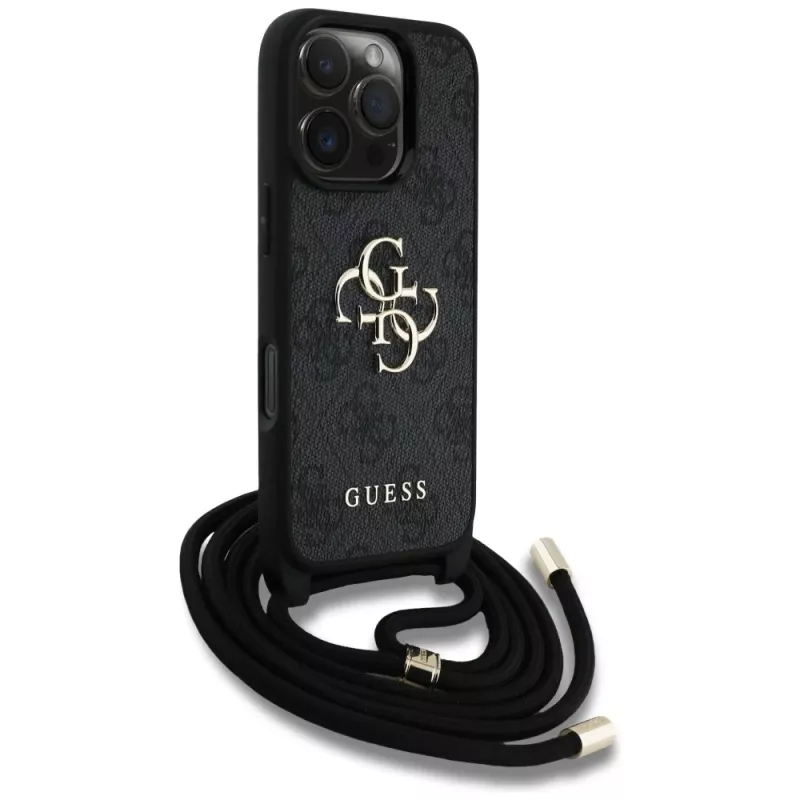Guess 4G Big Logo Cord Strap Crossbody Capa para iPhone 16 Pro Max - Preto