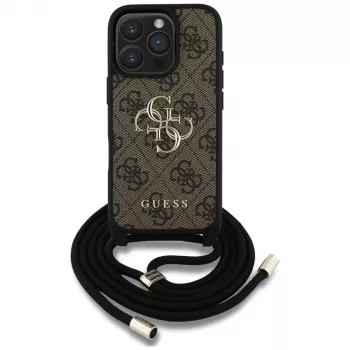 Guess 4G Big Logo Cord Strap Crossbody Capa para Apple iPhone 16 Pro - Castanho