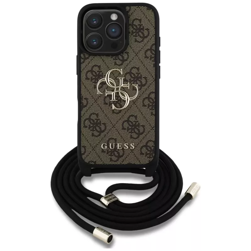 Guess 4G Big Logo Cord Strap Crossbody Capa para Apple iPhone 16 Pro - Castanho