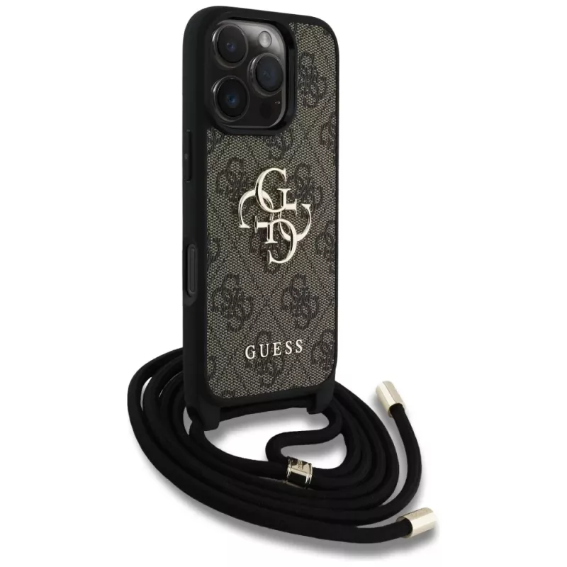 Guess 4G Big Logo Cord Strap Crossbody Capa para iPhone 16 Pro Max (Castanho)