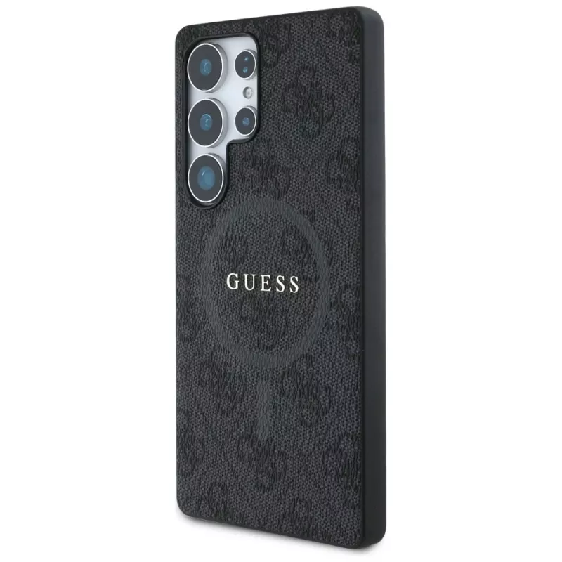 Guess Leather 4G Colored Ring Classic Logo MagSafe Capa traseira para Samsung Galaxy S25 Ultra, preto