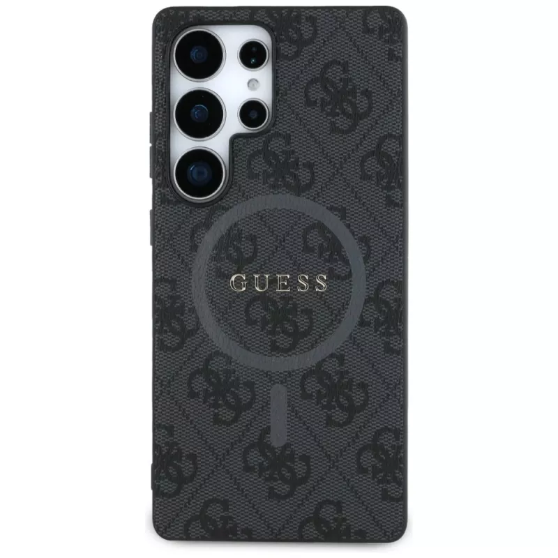 Guess Leather 4G Colored Ring Classic Logo MagSafe Capa traseira para Samsung Galaxy S25 Ultra, preto