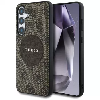 Guess 4G Round Patch Classic Logo MagSafe Case para Samsung Galaxy S25+ (castanho)