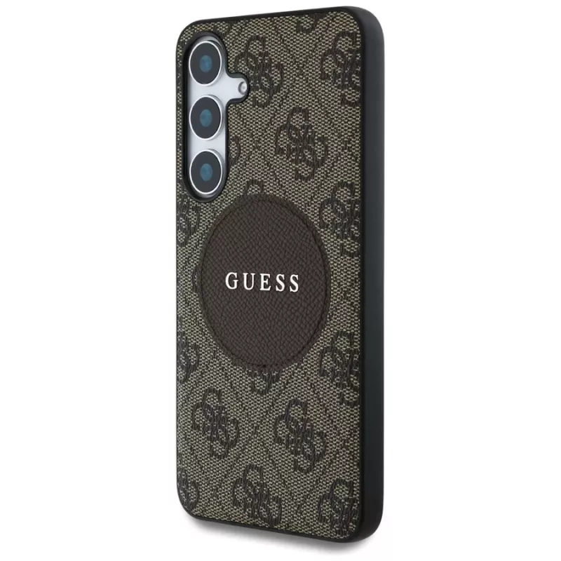 Guess 4G Round Patch Classic Logo MagSafe Case para Samsung Galaxy S25+ (castanho)