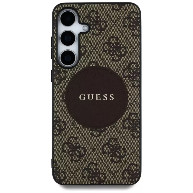 Guess 4G Round Patch Classic Logo MagSafe Case para Samsung Galaxy S25+ (castanho)