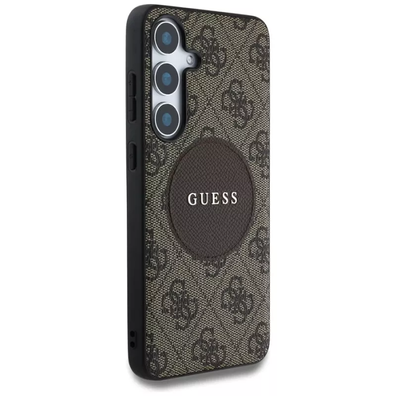 Guess 4G Round Patch Classic Logo MagSafe Case para Samsung Galaxy S25+ (castanho)