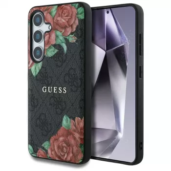 Guess Leather 4G Flowers Print Metal Classic Logo MagSafe Case para Samsung Galaxy S25, preto