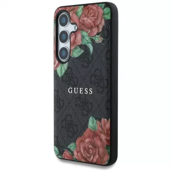 Guess Leather 4G Flowers Print Metal Classic Logo MagSafe Case para Samsung Galaxy S25, preto