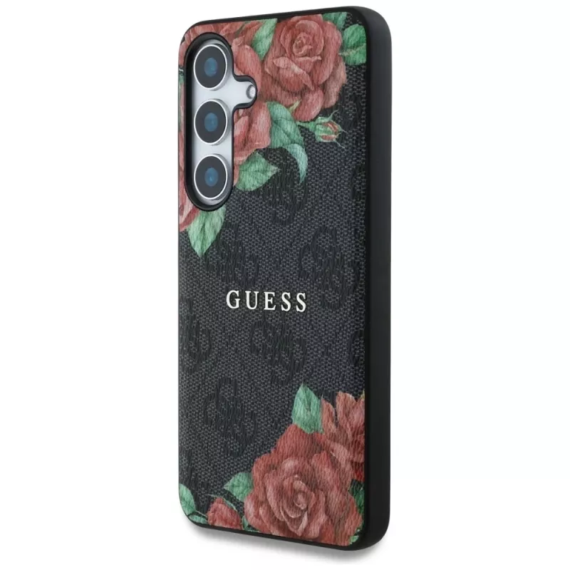 Guess Leather 4G Flowers Print Metal Classic Logo MagSafe Case para Samsung Galaxy S25, preto