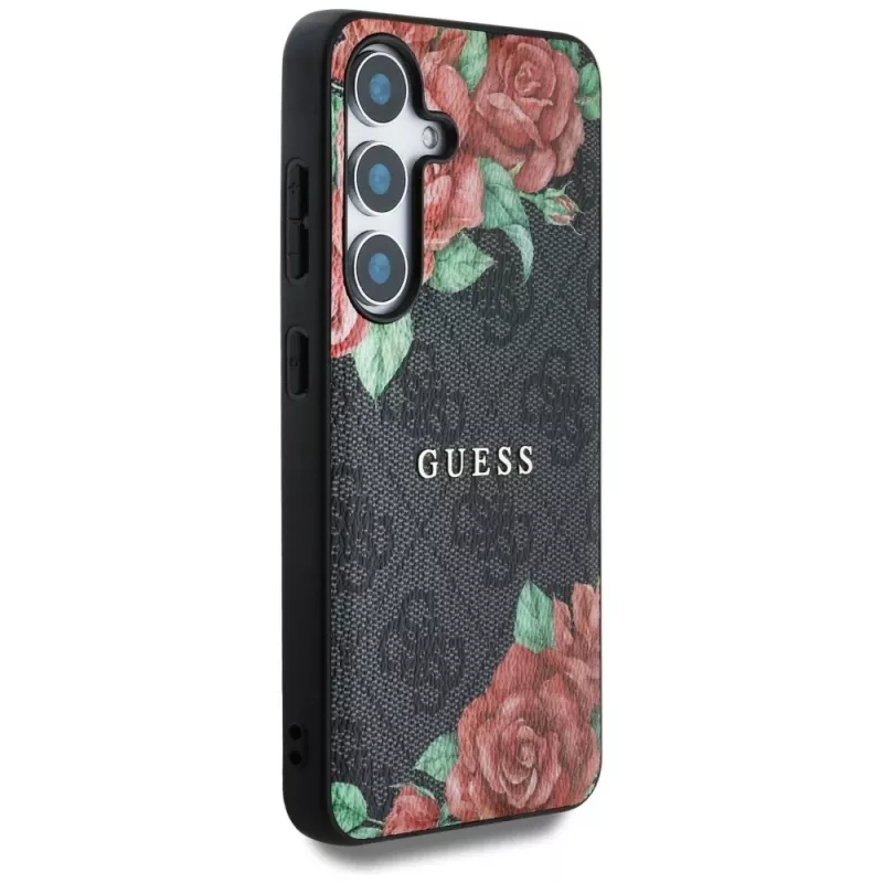 Guess Leather 4G Flowers Print Metal Classic Logo MagSafe Case para Samsung Galaxy S25, preto