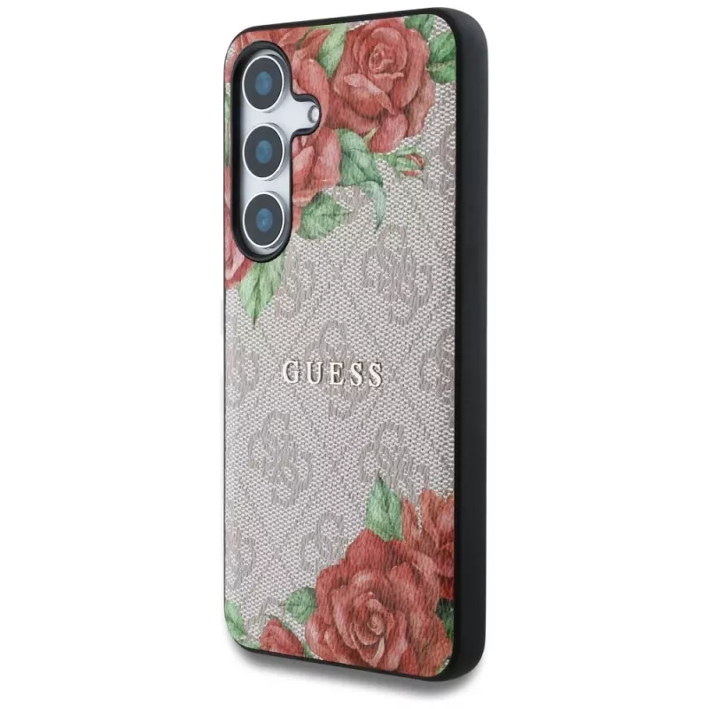 Guess Leather 4G Flowers Print Metal Classic Logo MagSafe Case para Samsung Galaxy S25 rosa