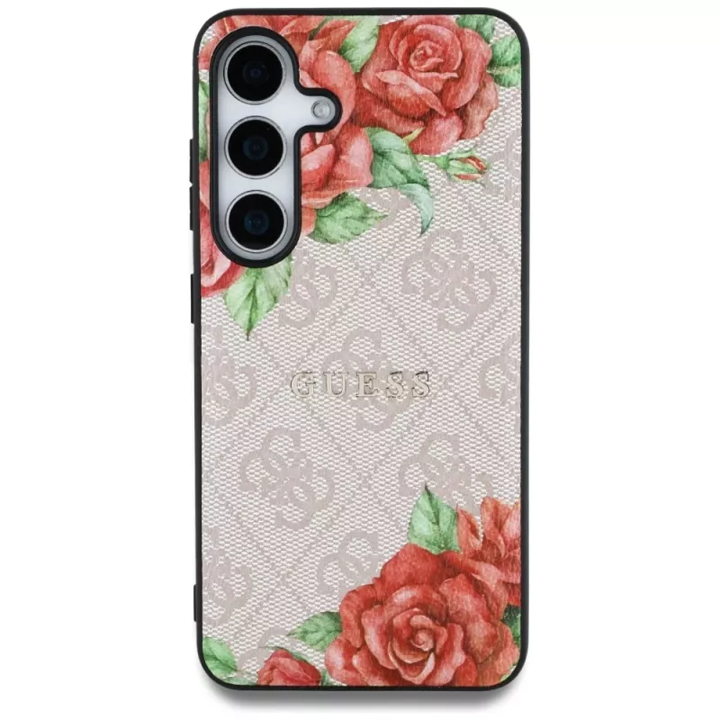Guess Leather 4G Flowers Print Metal Classic Logo MagSafe Case para Samsung Galaxy S25 rosa