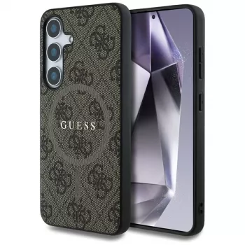 Guess Leather 4G Colored Ring Classic Logo MagSafe Case para Samsung Galaxy S25 (castanho)