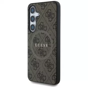 Guess Leather 4G Colored Ring Classic Logo MagSafe Case para Samsung Galaxy S25 (castanho)