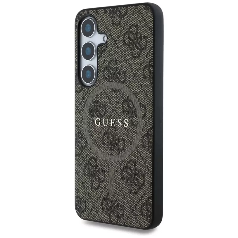 Guess Leather 4G Colored Ring Classic Logo MagSafe Case para Samsung Galaxy S25 (castanho)