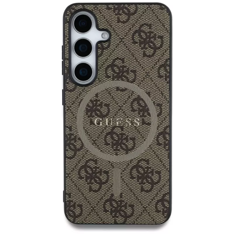 Guess Leather 4G Colored Ring Classic Logo MagSafe Case para Samsung Galaxy S25 (castanho)