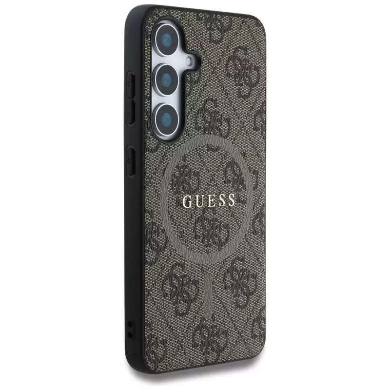 Guess Leather 4G Colored Ring Classic Logo MagSafe Case para Samsung Galaxy S25 (castanho)