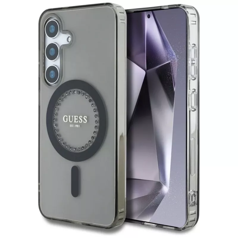 Guess Rhinestones Printed Classic Logo MagSafe Case para Samsung Galaxy S25 (preto)