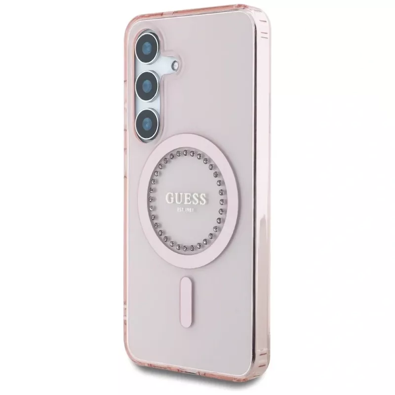 Guess Rhinestones Printed Classic Logo MagSafe Case para Samsung Galaxy S25 (rosa)