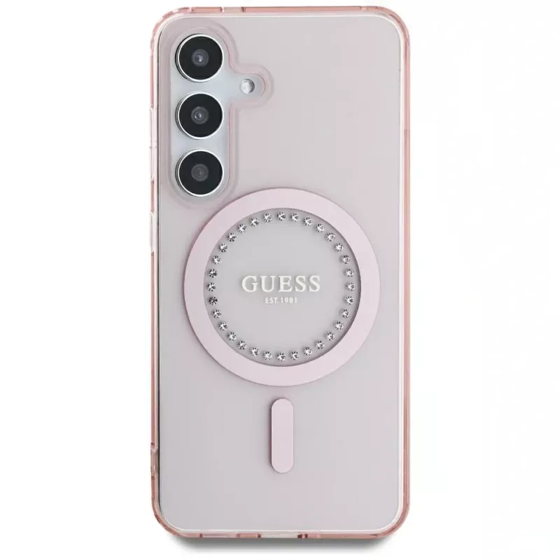 Guess Rhinestones Printed Classic Logo MagSafe Case para Samsung Galaxy S25 (rosa)