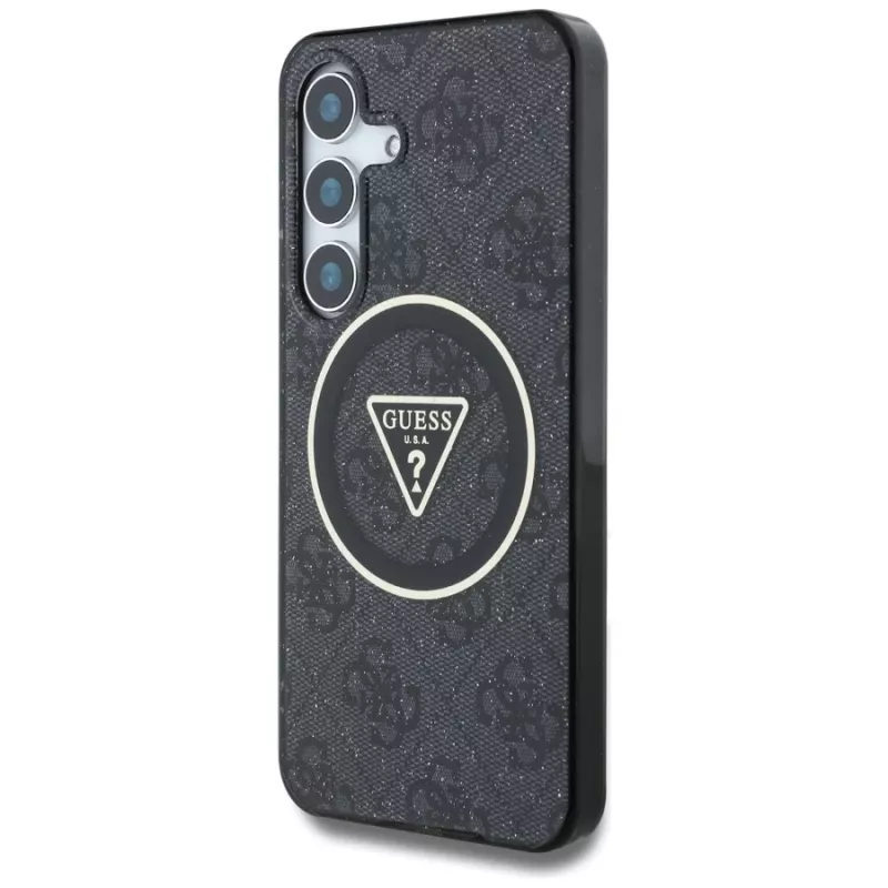 Guess 4G Glitter Triangle Buttons MagSafe Case para Samsung Galaxy S25, preto