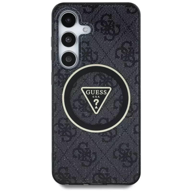 Guess 4G Glitter Triangle Buttons MagSafe Case para Samsung Galaxy S25, preto