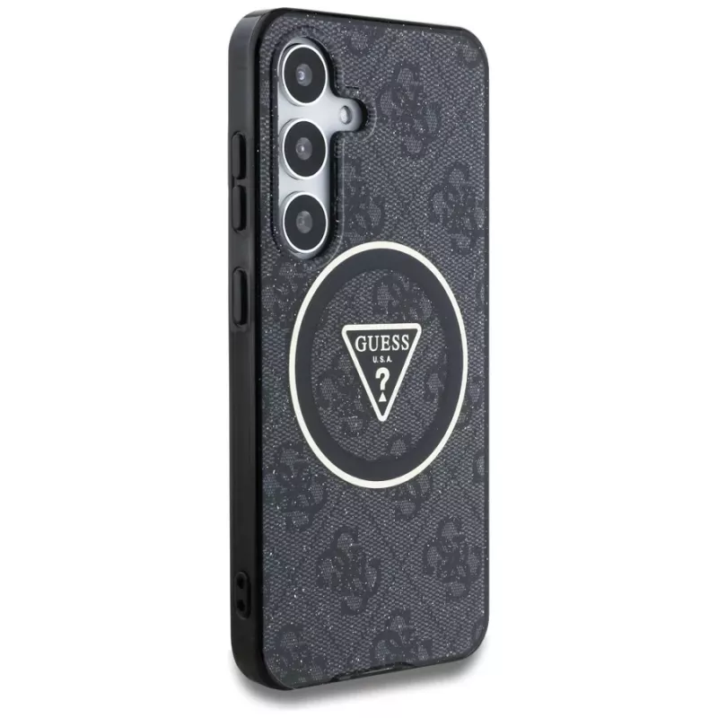 Guess 4G Glitter Triangle Buttons MagSafe Case para Samsung Galaxy S25, preto