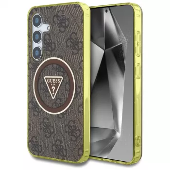 Guess 4G Glitter Triangle Buttons MagSafe Case para Samsung Galaxy S25 (castanho)