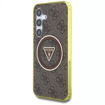 Guess 4G Glitter Triangle Buttons MagSafe Case para Samsung Galaxy S25 (castanho)