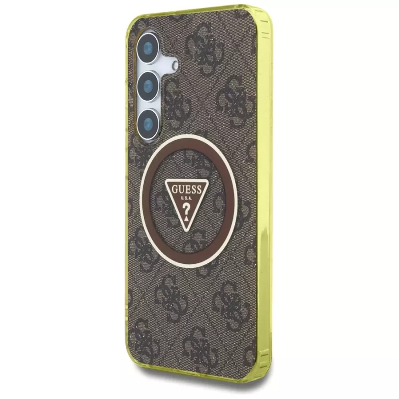 Guess 4G Glitter Triangle Buttons MagSafe Case para Samsung Galaxy S25 (castanho)