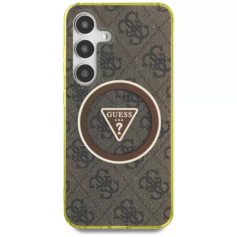Guess 4G Glitter Triangle Buttons MagSafe Case para Samsung Galaxy S25 (castanho)